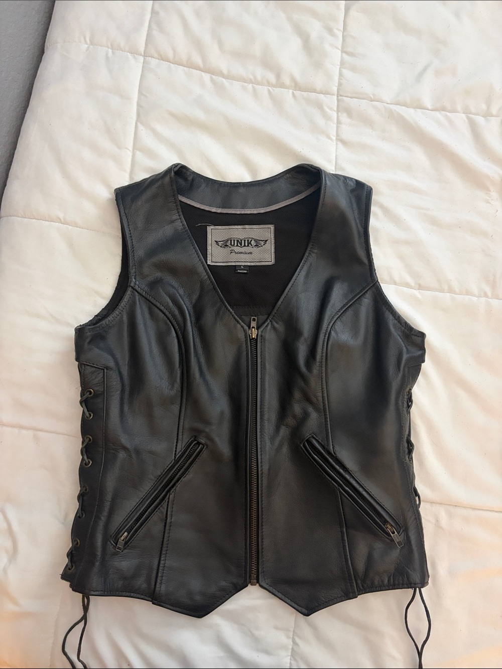Unik Black Leather Lace-Side Motorcycle Vest for women